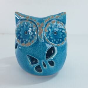 Ceramic Owl Tea Light Candle Holder Blue Distressed Cottage Country Butterfly